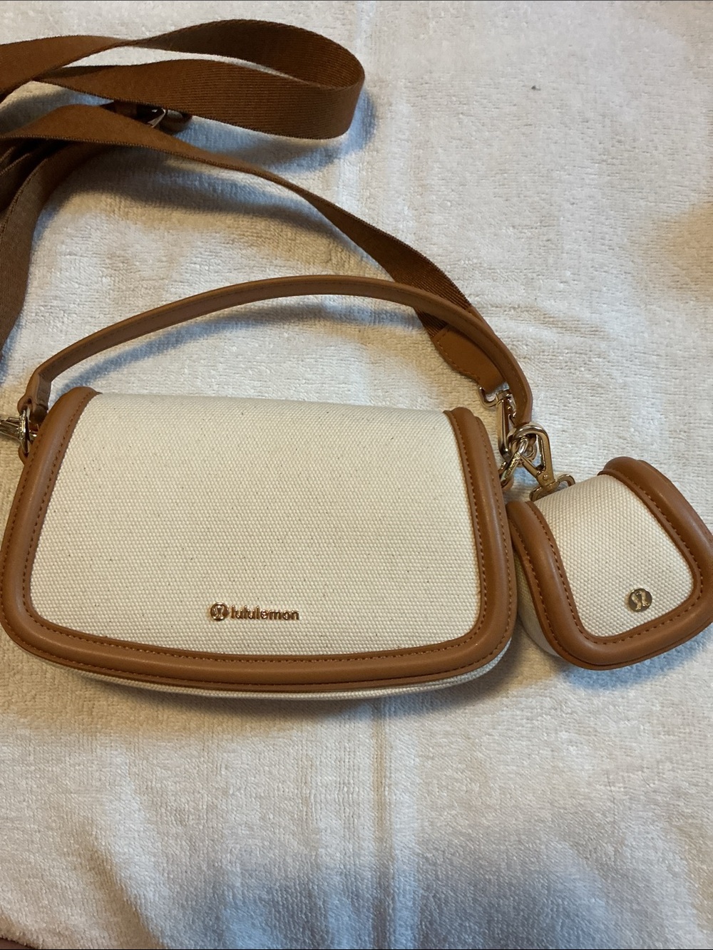 Lulu lemon Cream and Tan Canvas Crossbody with Coin Pouch